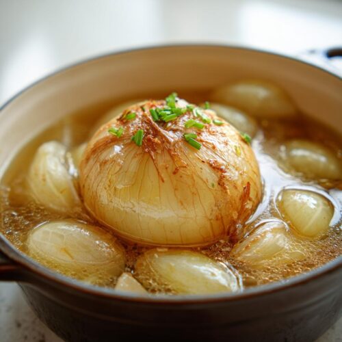 Close-up of a whole onion and several onion wedges simmering in a savory broth for Onion Boil with Chicken Broth.
