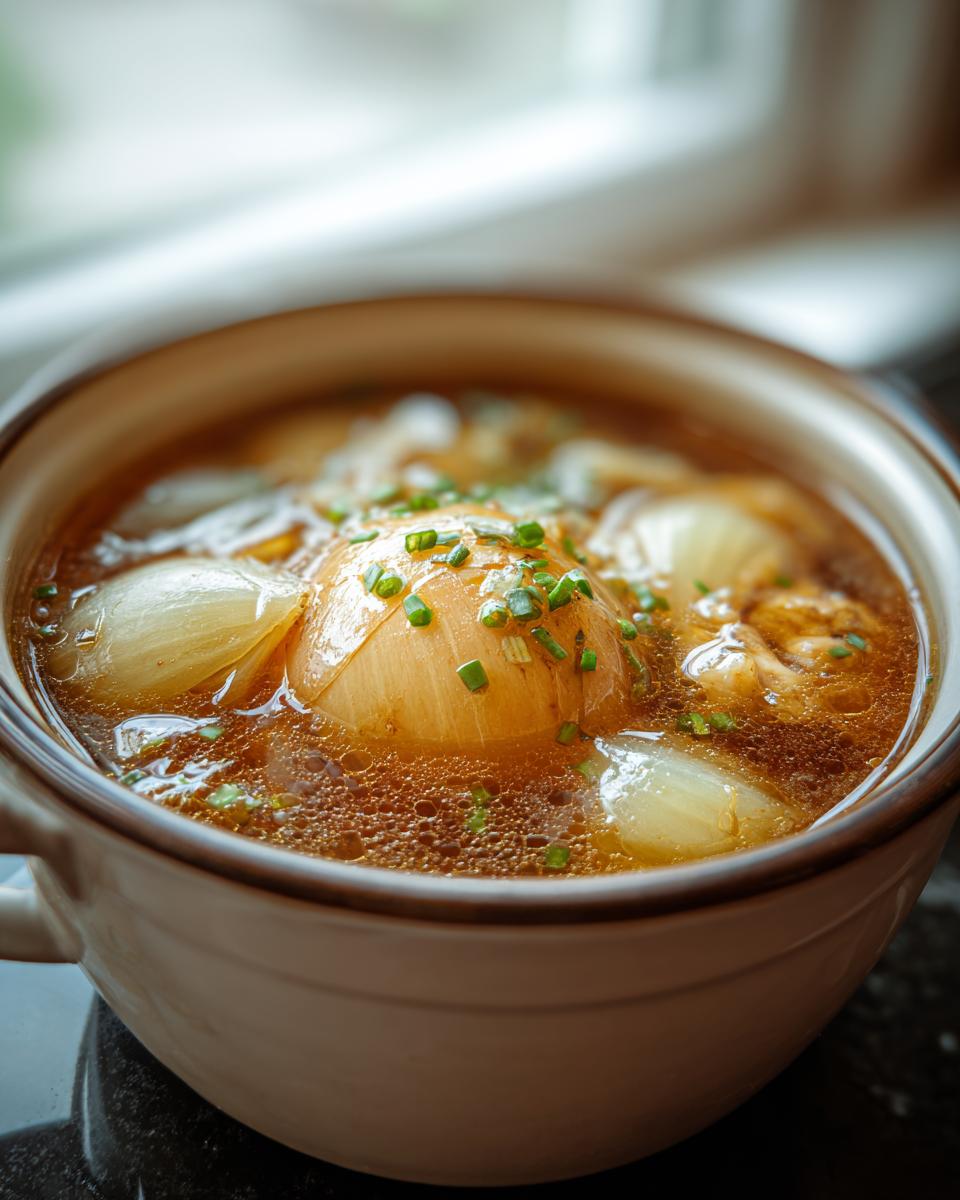 Close-up of a single whole onion simmering in a rich broth for Onion Boil with Chicken Broth, garnished with chives.