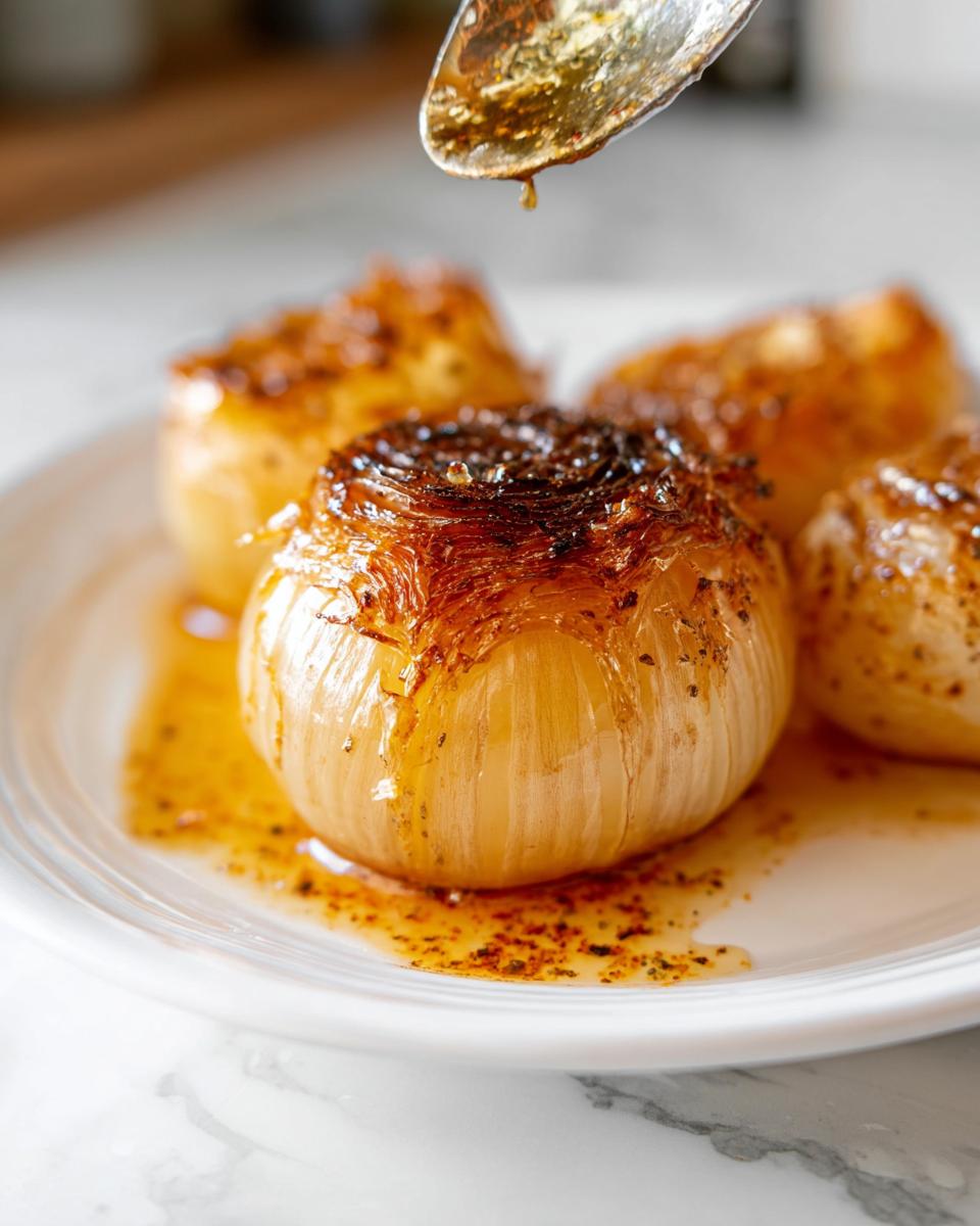 A close-up of a caramelized Oven-Baked Onion Boil being drizzled with a golden glaze from a spoon.