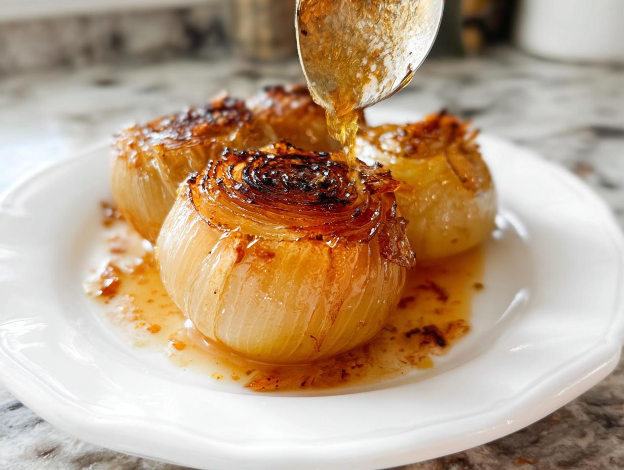 Close-up of caramelized Oven-Baked Onion Boil being drizzled with a sweet glaze from a spoon.