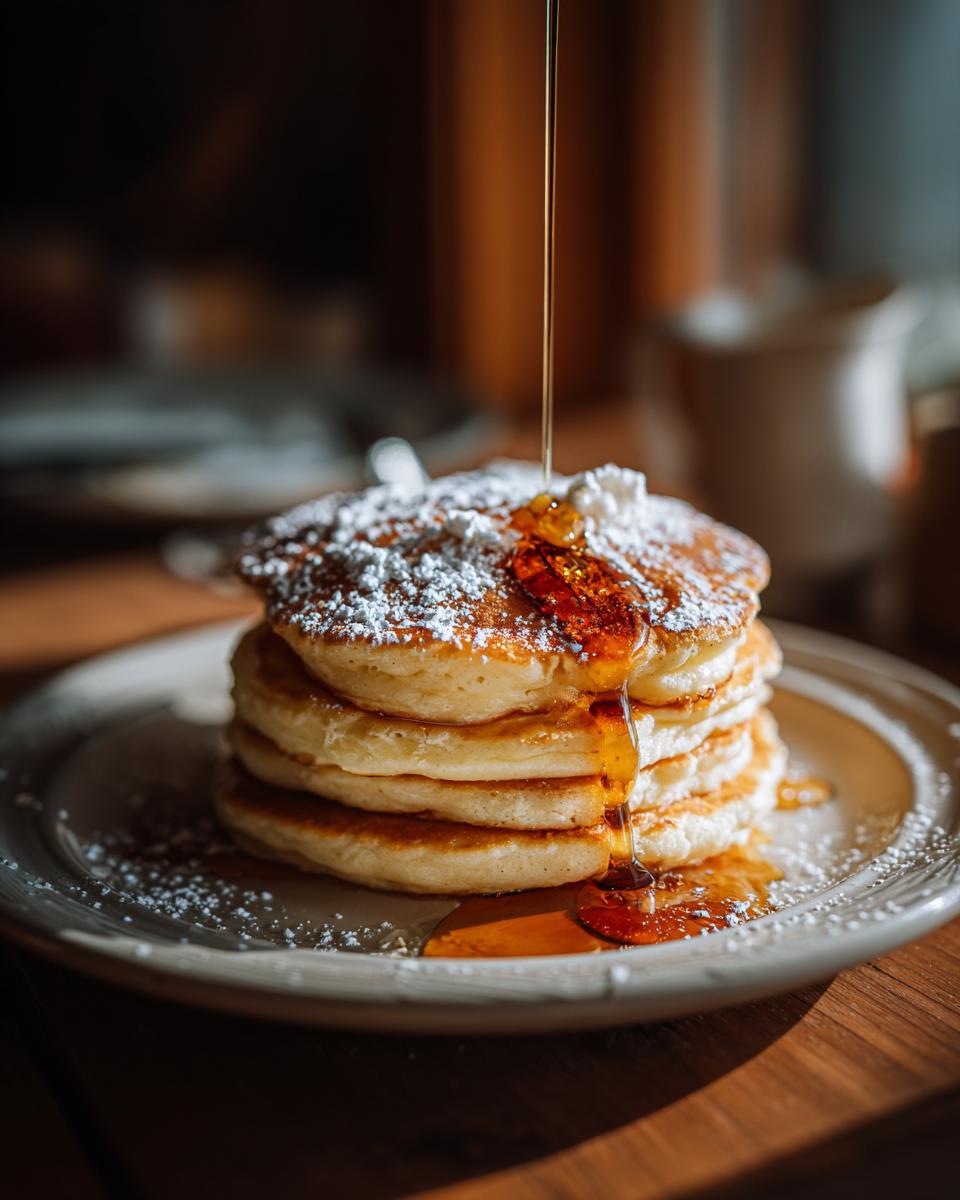 A tall stack of fluffy pancakes being drizzled with maple syrup, dusted with powdered sugar.