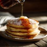 A tall stack of fluffy pancakes being drizzled with syrup, embodying a Pancake Recipe That Feels Like Dessert.