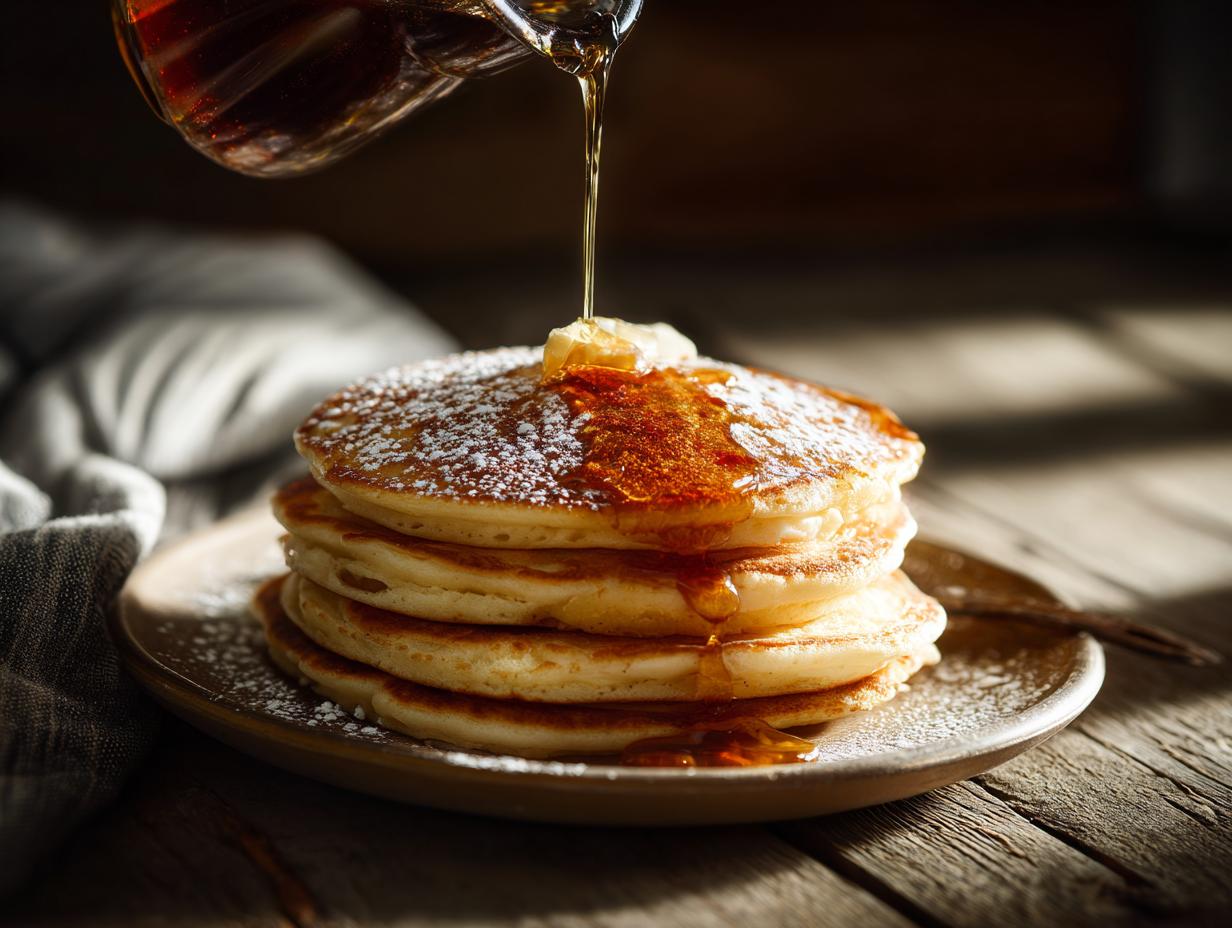 A tall stack of fluffy pancakes being drizzled with syrup, embodying a Pancake Recipe That Feels Like Dessert.