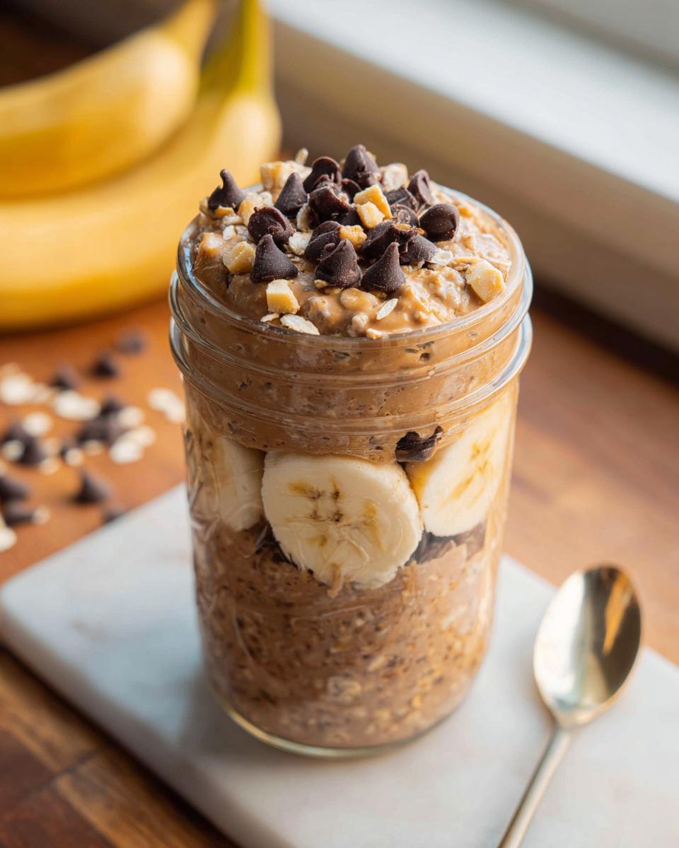 A jar filled with Peanut Butter Banana Chocolate Chip Overnight Oats, topped with chocolate chips and banana slices.