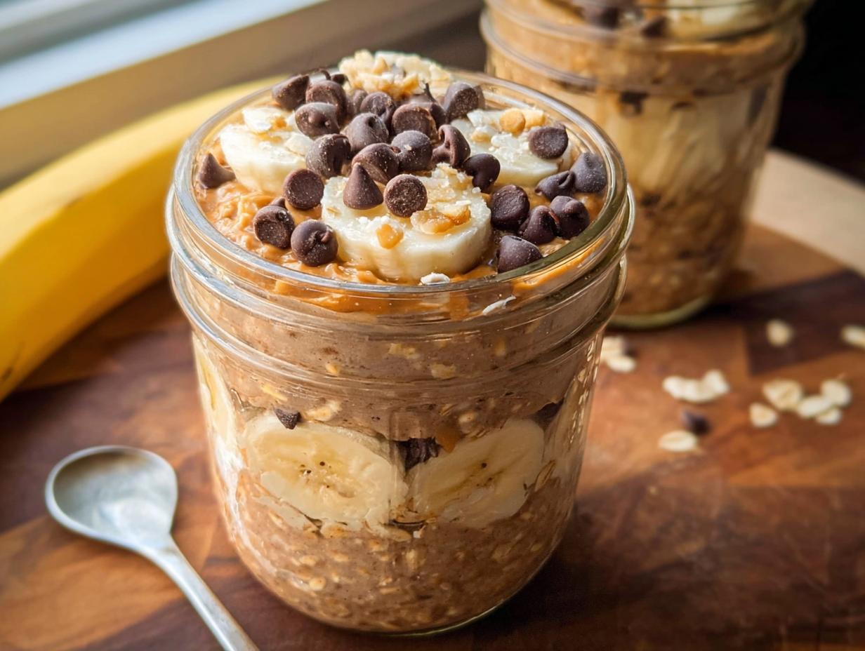Close-up of Peanut Butter Banana Chocolate Chip Overnight Oats topped with banana slices and chocolate chips in a mason jar.