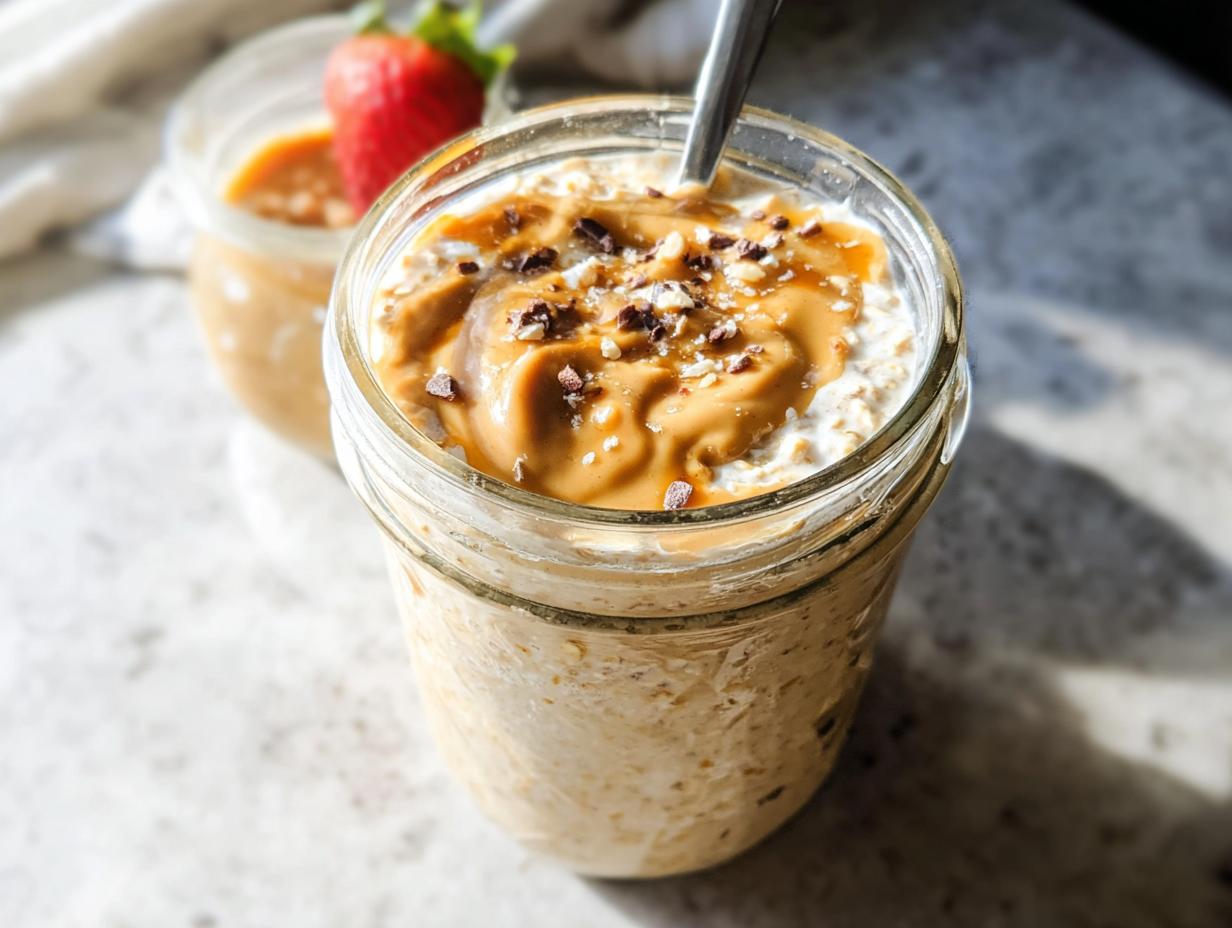 Close-up of Peanut Butter High-Protein Overnight Oats topped with peanut butter swirl and cacao nibs in a glass jar.