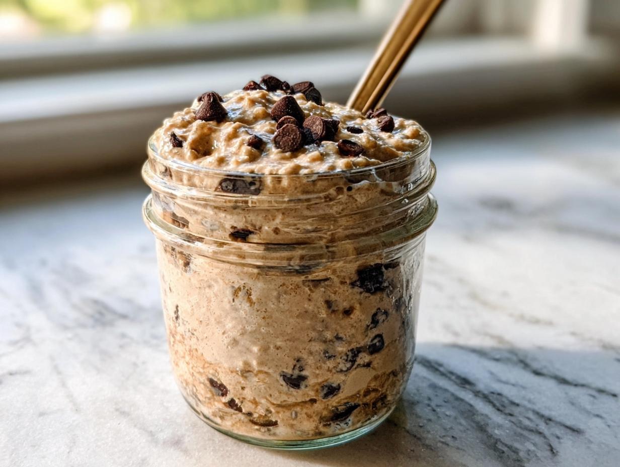 Close-up of Protein Cookie Dough Overnight Oats topped with chocolate chips in a glass jar.