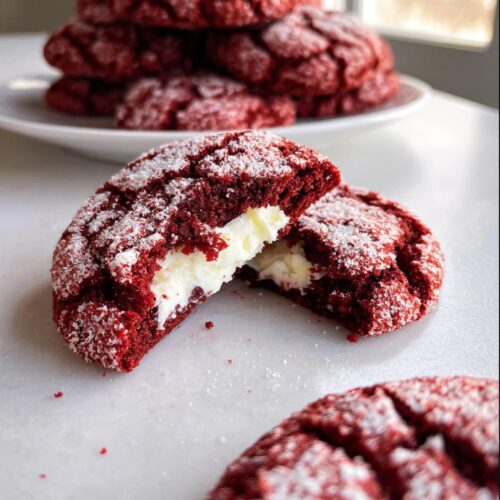 A Red Velvet Crinkle Cookie cut in half showing a gooey cream cheese center, dusted with powdered sugar.