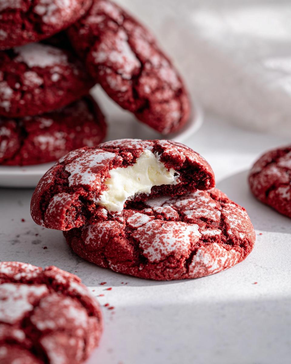 A close-up of a Red Velvet Crinkle Cookie broken in half showing the gooey cream cheese center.