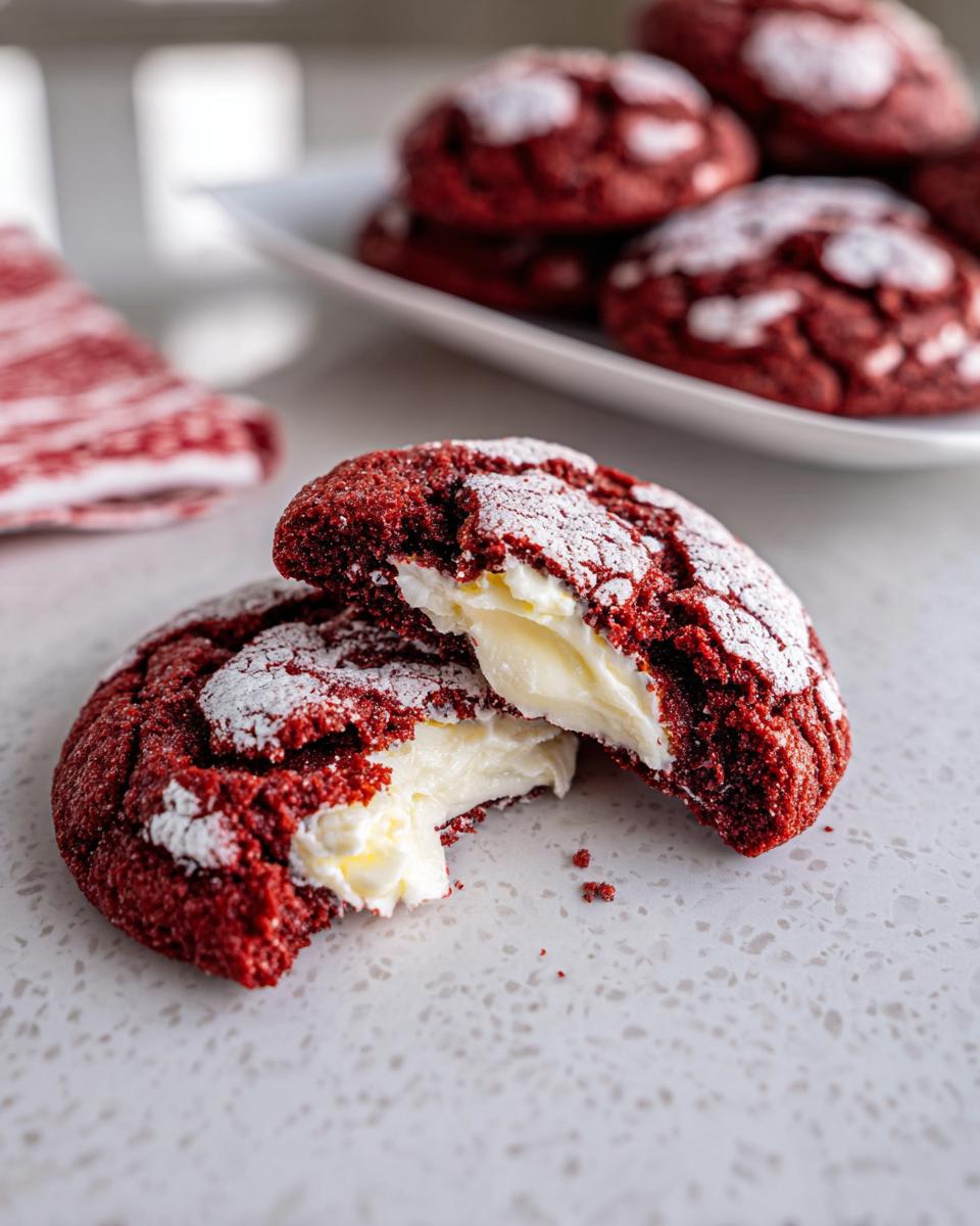 A Red Velvet Crinkle Cookie split in half showing the gooey cream cheese center.