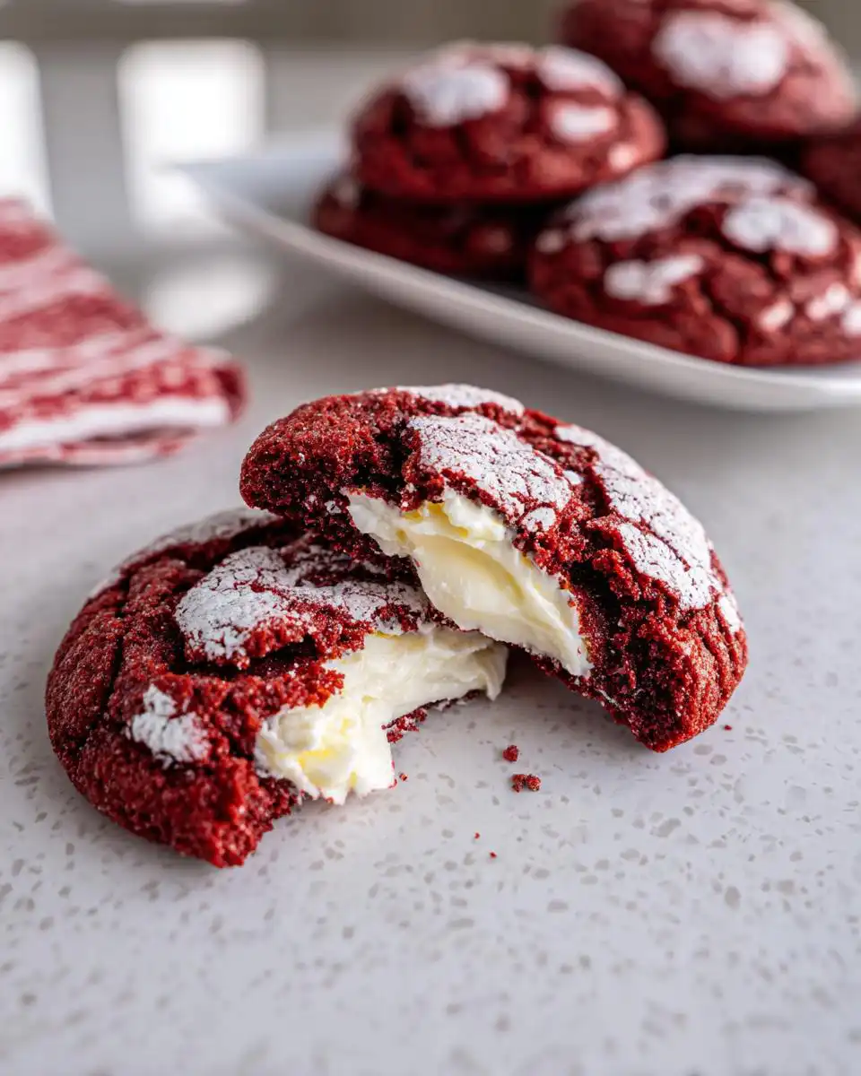 A Red Velvet Crinkle Cookie split in half showing the gooey cream cheese center.