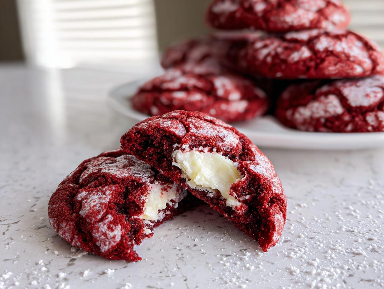 A Red Velvet Crinkle Cookie split in half showing a gooey cream cheese center, dusted with powdered sugar.