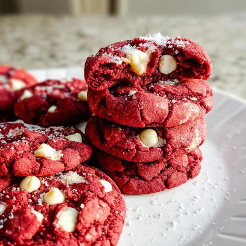 A stack of vibrant Red Velvet Crinkle Cookies with white chocolate chips, dusted with powdered sugar.