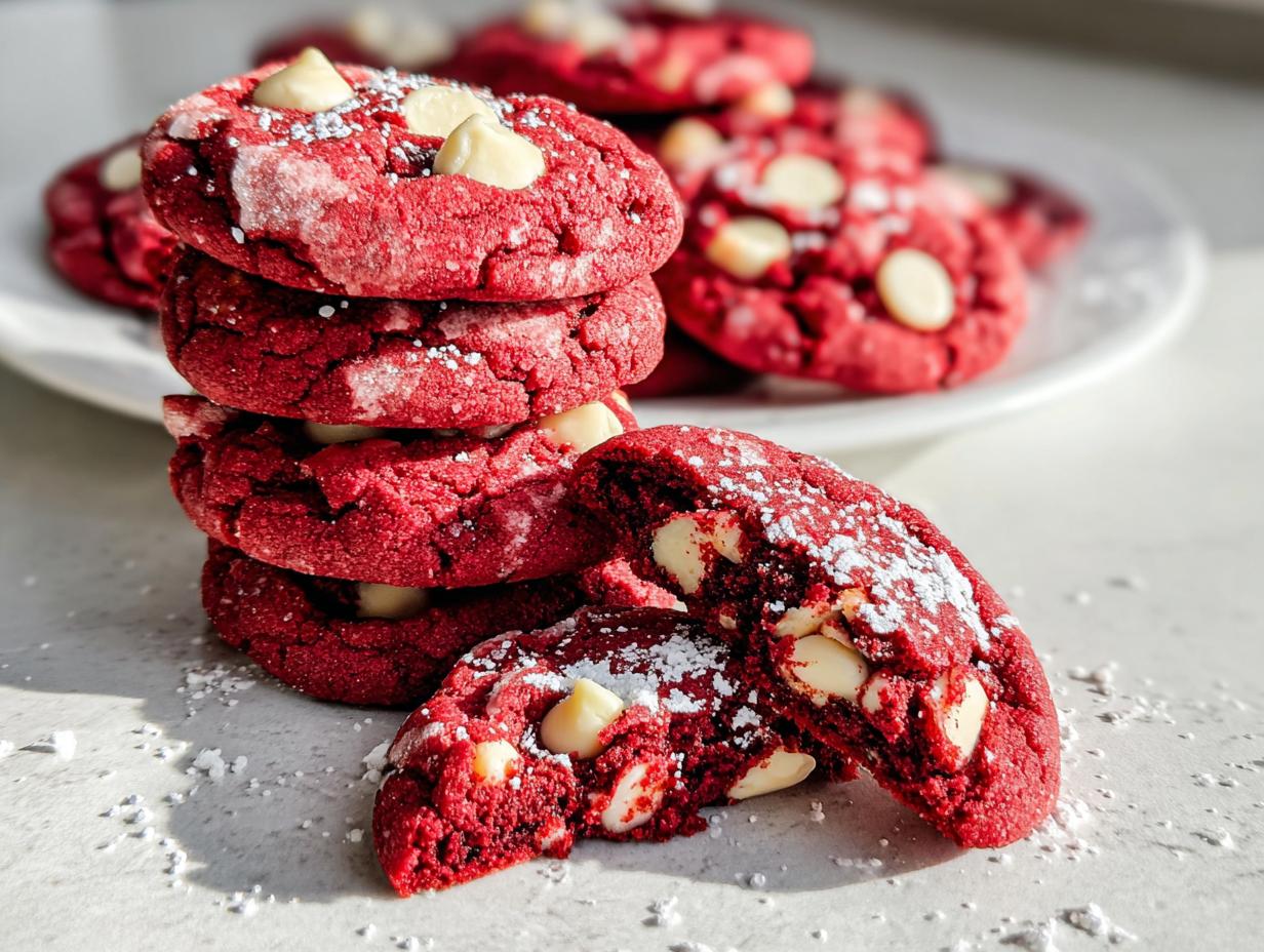 A stack of vibrant Red Velvet Crinkle Cookies with White Chocolate Chips, dusted with powdered sugar.
