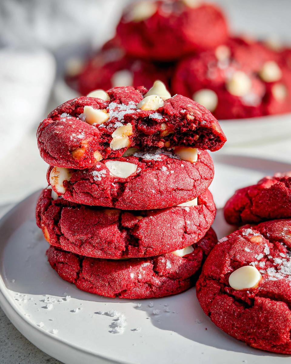 A stack of three vibrant Red Velvet Crinkle Cookies with white chocolate chips, one broken open to show the soft interior.