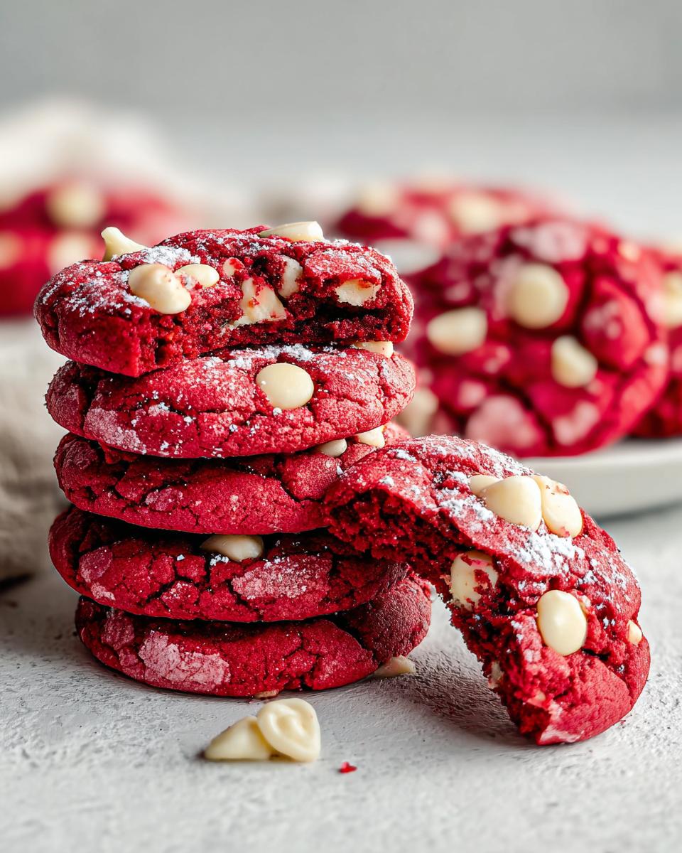 A stack of vibrant Red Velvet Crinkle Cookies with white chocolate chips and a dusting of powdered sugar.