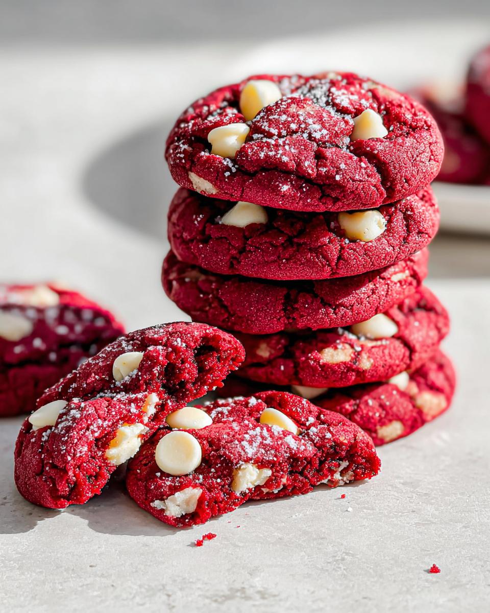 A stack of vibrant Red Velvet Crinkle Cookies with white chocolate chips and a dusting of powdered sugar.