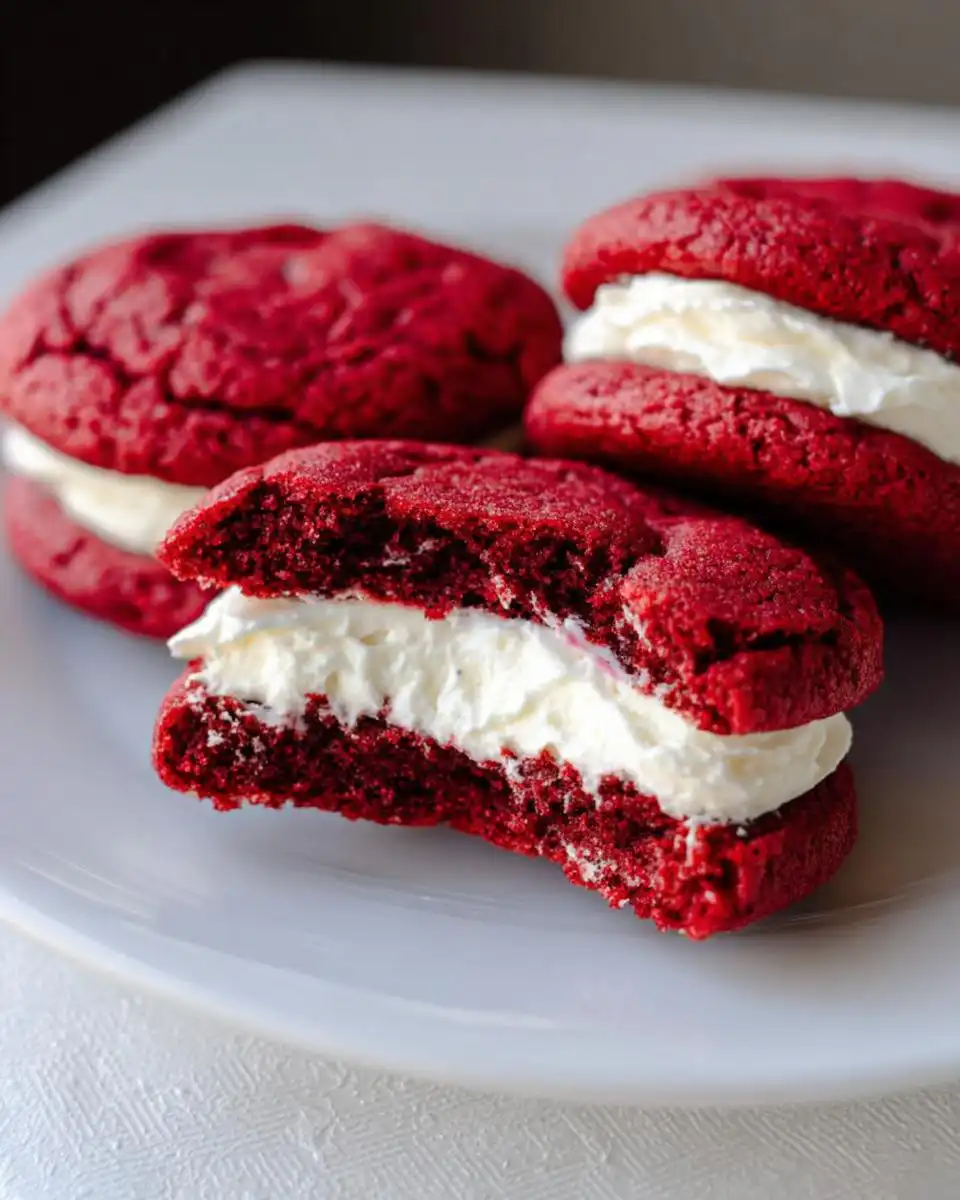 Close-up of a bitten Red Velvet Sandwich Cookies with thick cream cheese filling on a white plate.