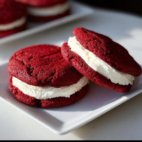 Two decadent Red Velvet Sandwich Cookies with thick cream cheese filling stacked on a white plate.