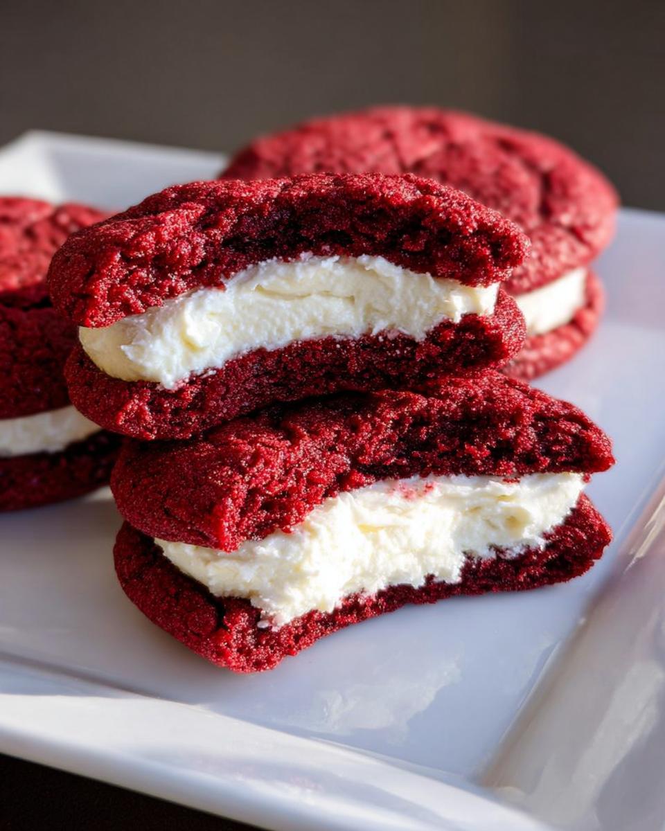 Close-up of Red Velvet Sandwich Cookies cut in half, showing thick cream cheese filling.