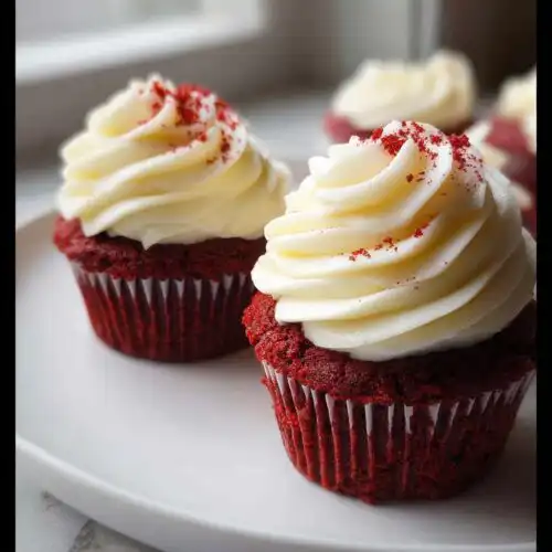 Close-up of two vibrant Red Velvet Valentine Cupcakes topped with swirled cream cheese frosting and red sprinkles.