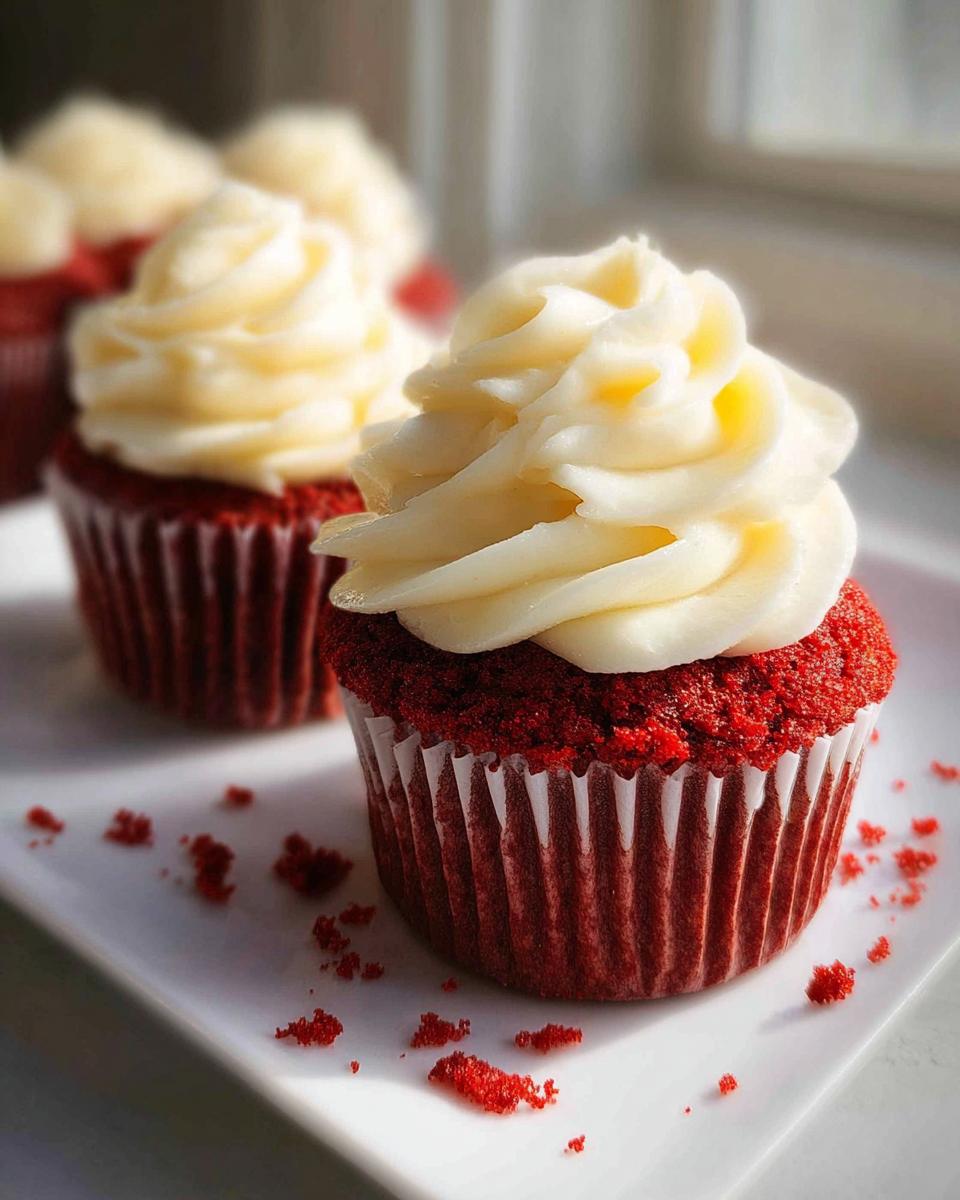 A close-up of a vibrant Red Velvet Valentine Cupcake topped high with creamy white cream cheese frosting.