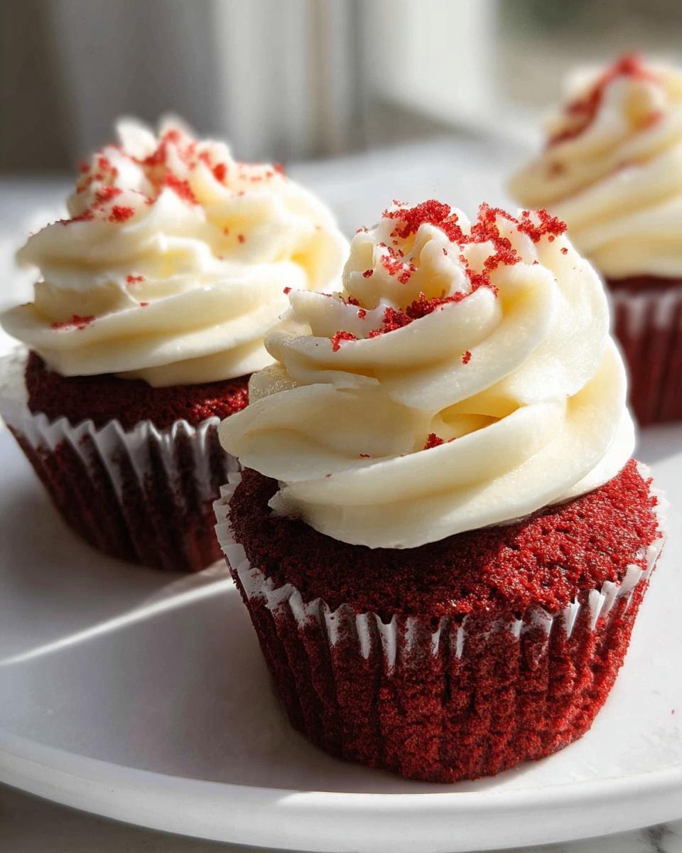 Close-up of two Red Velvet Valentine Cupcakes topped with swirls of cream cheese frosting and red sprinkles.