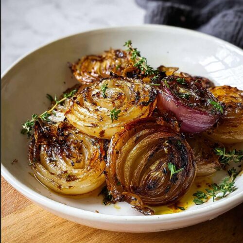 Close-up of beautifully caramelized Roasted Onions with Thyme, served in a white bowl with glistening oil.