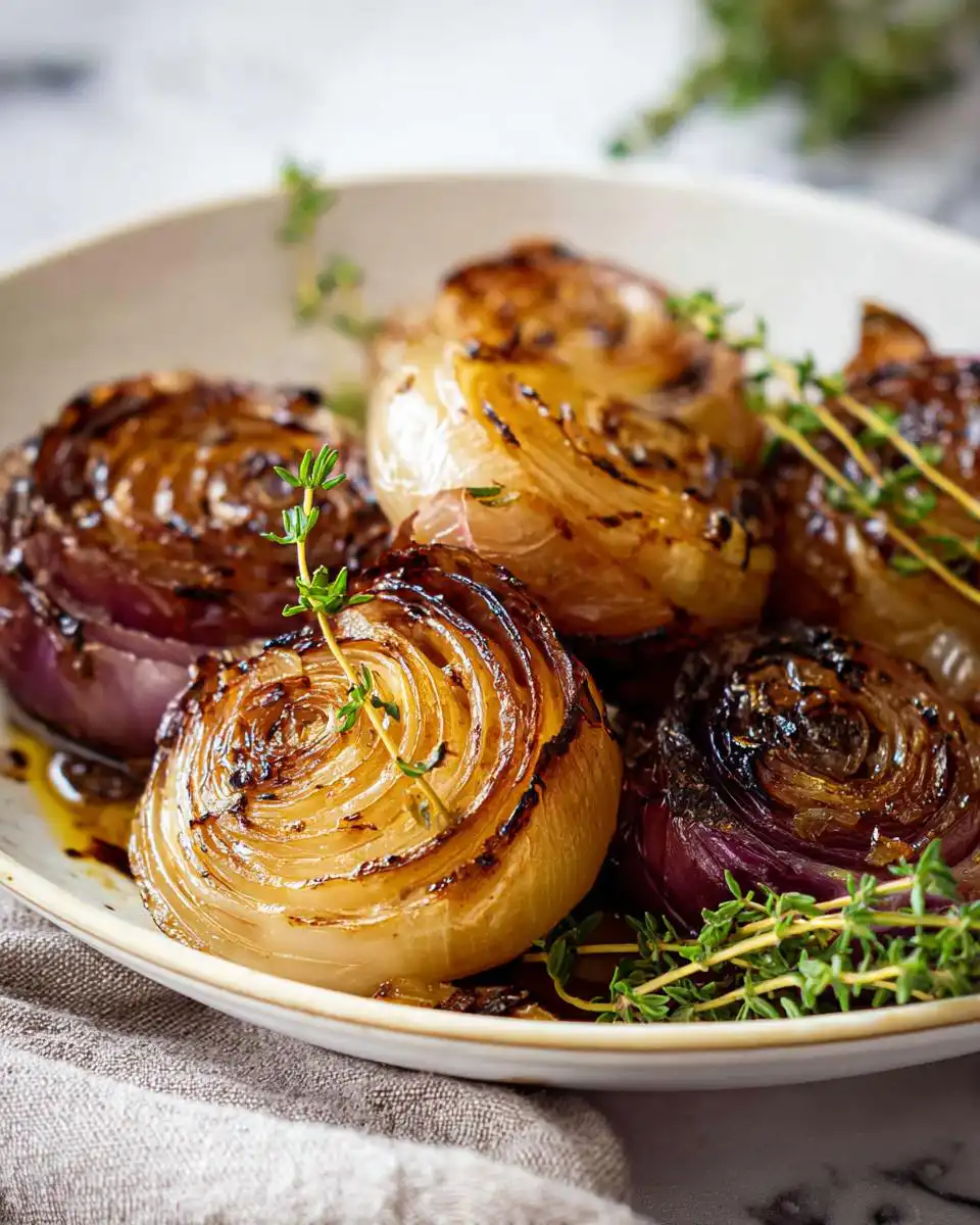 Close-up of beautifully caramelized Roasted Onions with Thyme, served on a white plate with fresh thyme sprigs.