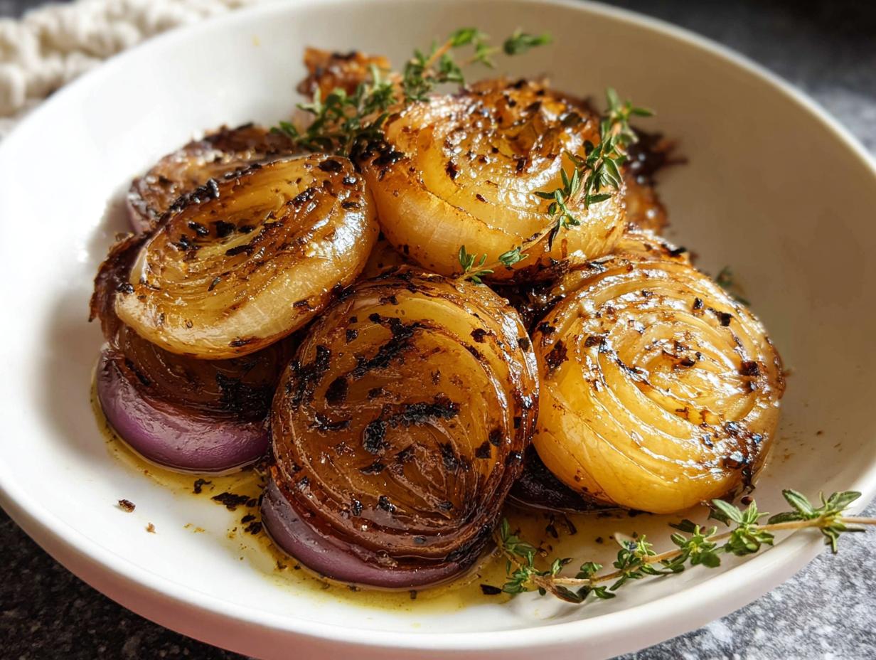 Close-up of caramelized Roasted Onions with Thyme, glistening in pan juices and garnished with fresh thyme sprigs.