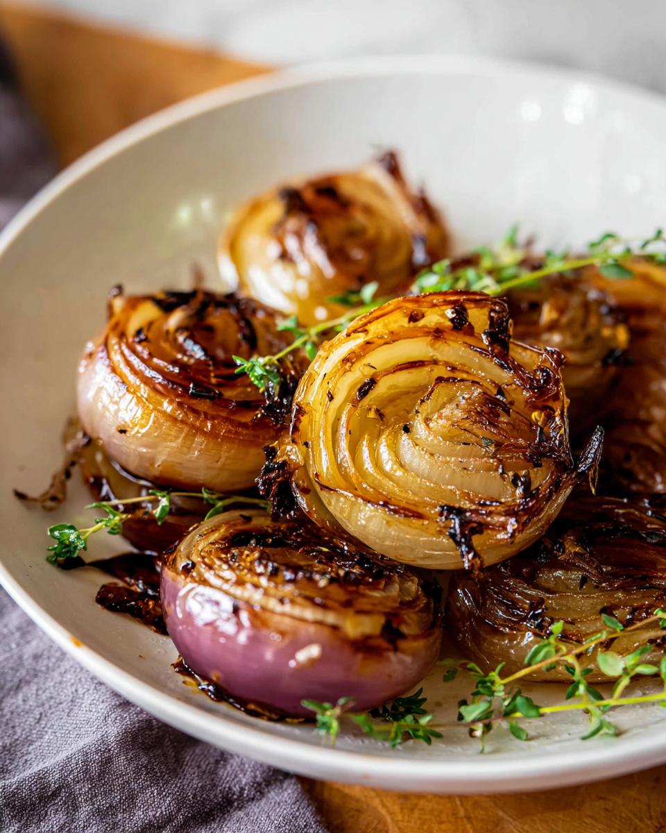 Close-up of beautifully caramelized Roasted Onions with Thyme, glistening in a white serving bowl.