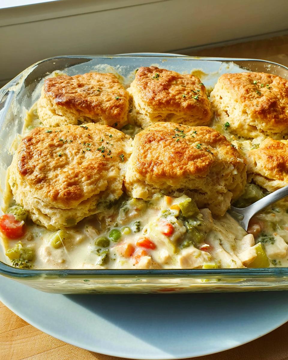 A close-up of a creamy Rotisserie Chicken Biscuit Pot Pie topped with golden biscuits, served in a glass baking dish.