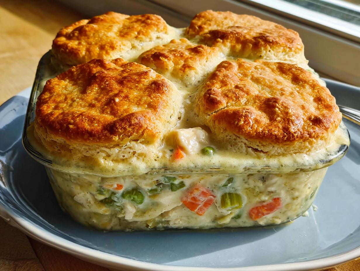 A close-up of a single-serving Rotisserie Chicken Biscuit Pot Pie with golden biscuits topping creamy filling.