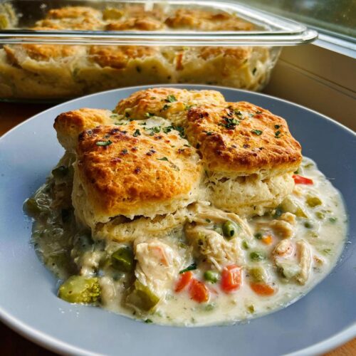 A serving of Rotisserie Chicken Biscuit Pot Pie with golden biscuits atop creamy chicken and vegetable filling.
