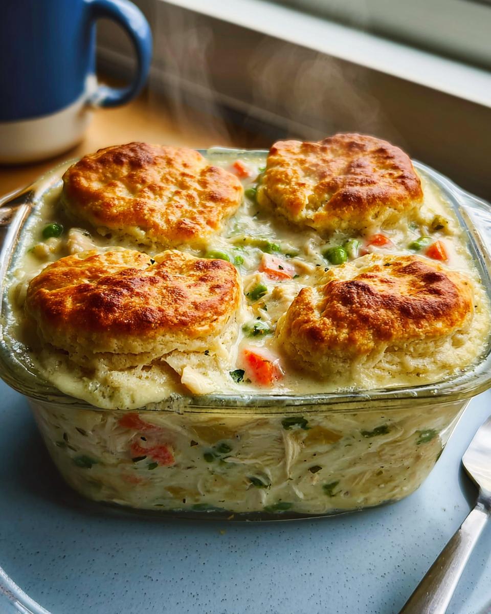 Hot Rotisserie Chicken Biscuit Pot Pie steaming in a glass dish with golden biscuits on top.