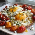 Two sunny-side-up eggs served with blistered cherry tomatoes and crumbled feta cheese, a Savory Breakfast Inspired by the Mediterranean Diet.