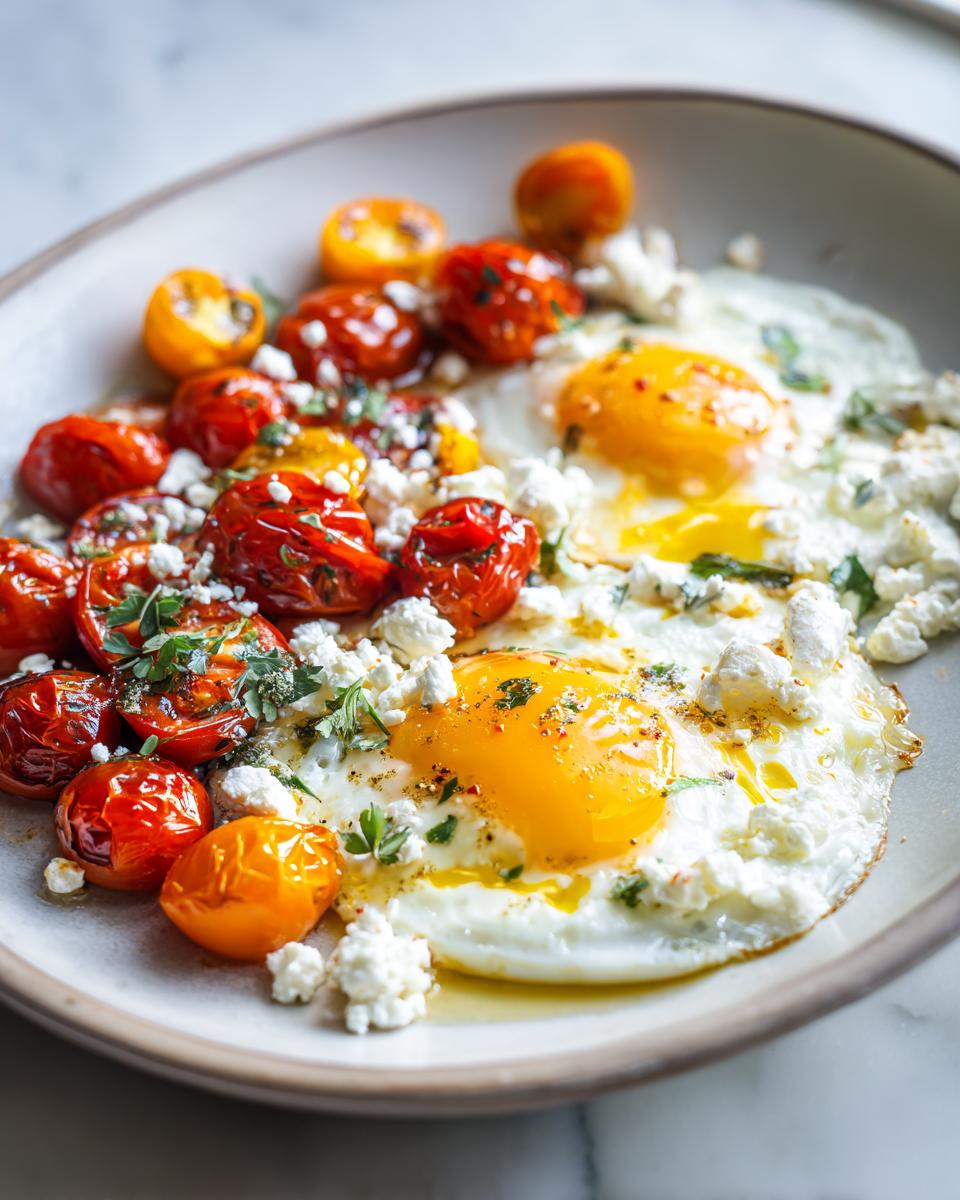 Two sunny-side-up eggs served with blistered cherry tomatoes and crumbled feta cheese, a Savory Breakfast Inspired by the Mediterranean Diet.