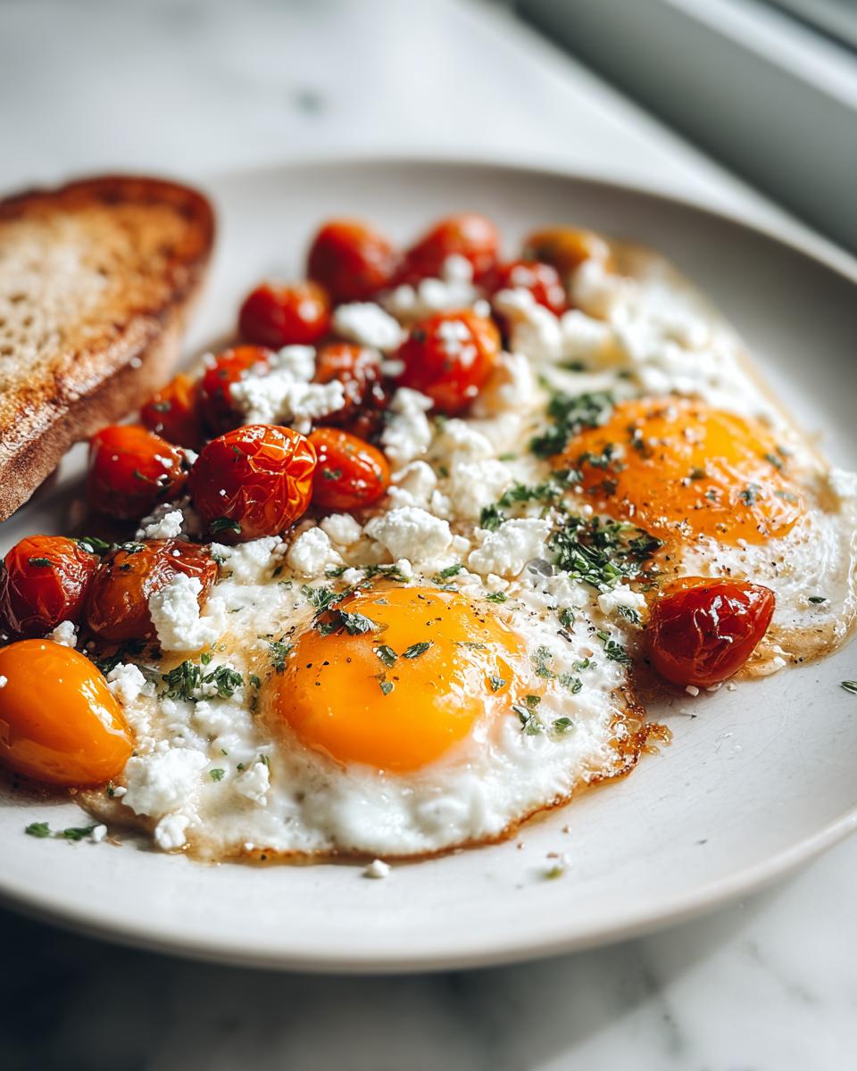 Two sunny-side-up eggs topped with roasted cherry tomatoes, feta cheese, and herbs, part of a Savory Breakfast Inspired by the Mediterranean Diet.