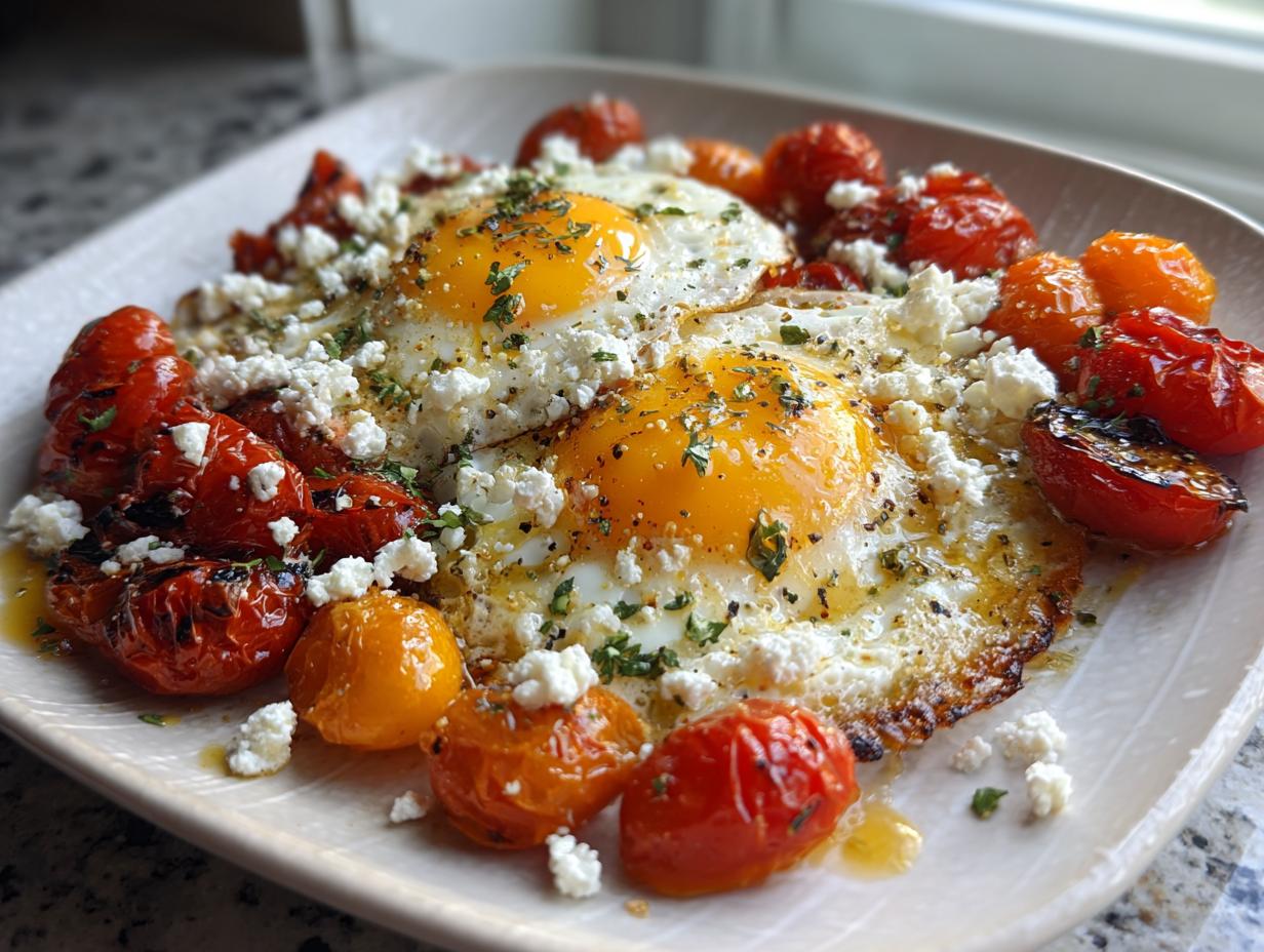 Two sunny-side-up eggs served with blistered cherry tomatoes and crumbled feta cheese, a Savory Breakfast Inspired by the Mediterranean Diet.