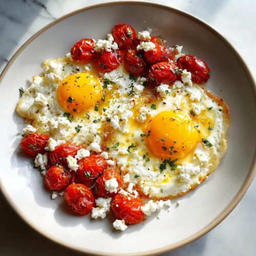 Two sunny-side-up eggs served with roasted cherry tomatoes and crumbled feta cheese, a Savory Breakfast Inspired by the Mediterranean Diet.