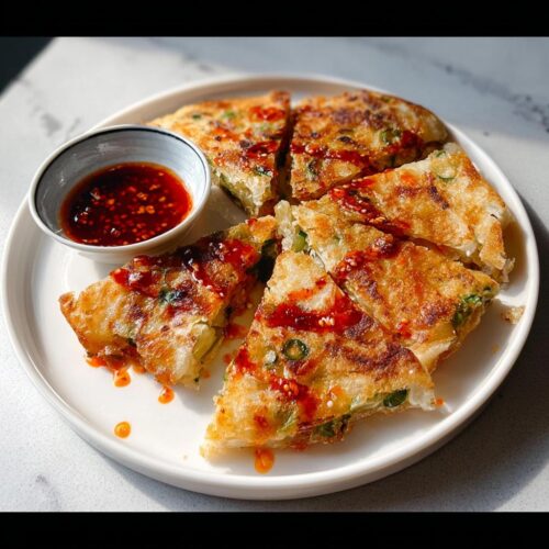 Slices of golden brown Scallion Pancakes with Chili Oil drizzled on top, served with a side dipping sauce.
