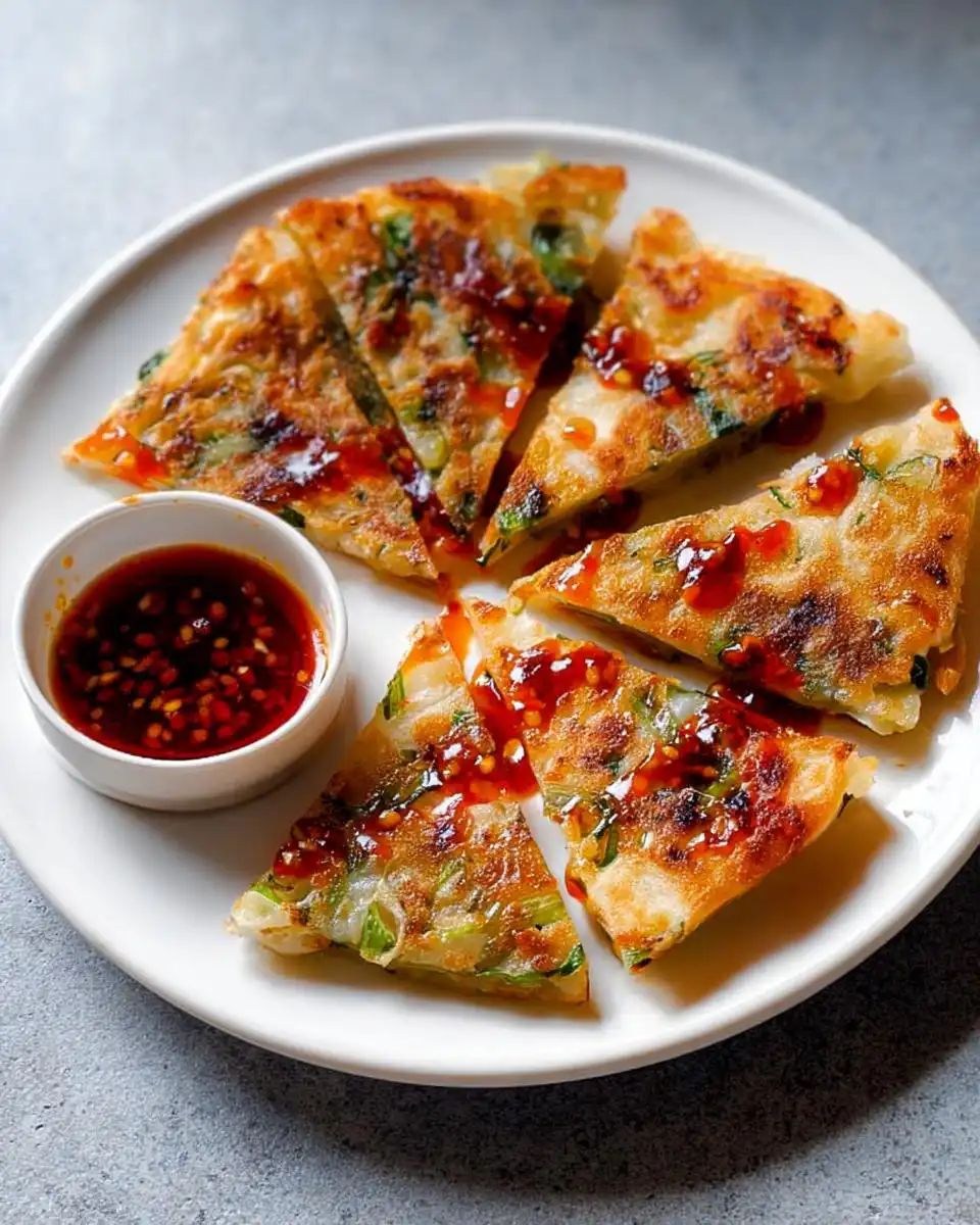 Triangular slices of golden brown Scallion Pancakes drizzled with chili oil, served on a white plate with a dipping sauce.