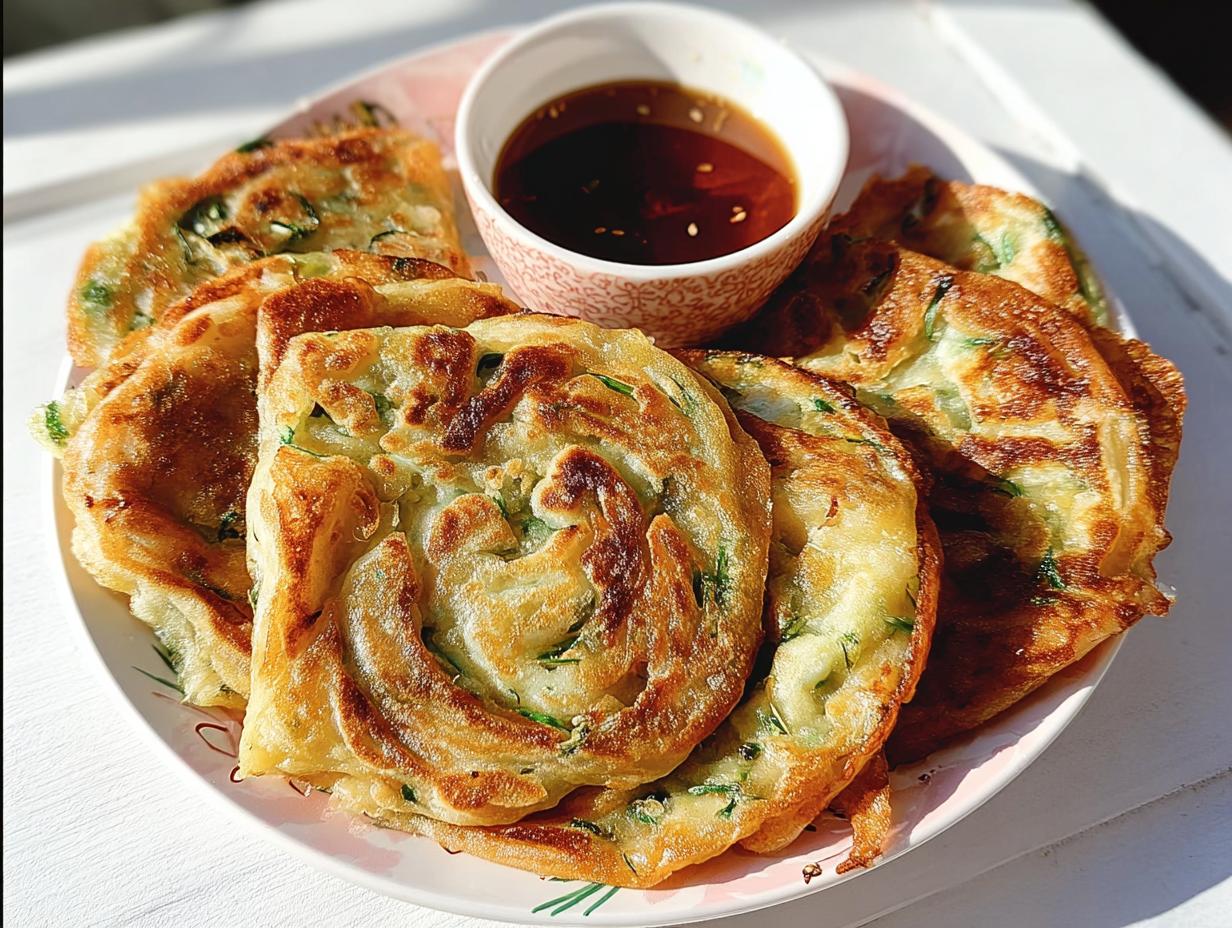 A plate of golden brown Scallion Pancakes with Sesame Oil served with a small bowl of dark dipping sauce.