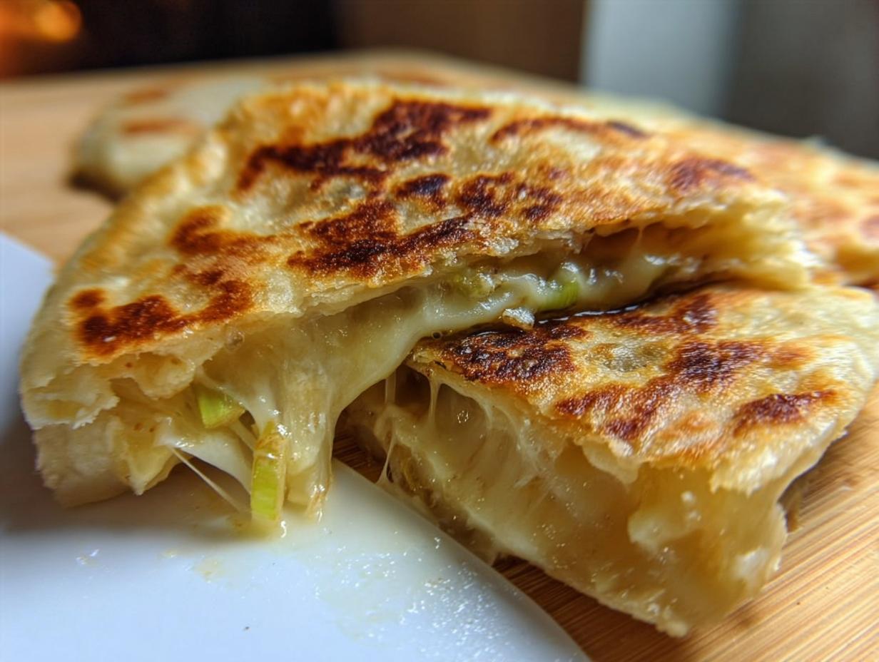 Close-up of a golden-brown Scallion Pancakes Stuffed with Cheese, broken open to show melted, stretching cheese and green scallions.