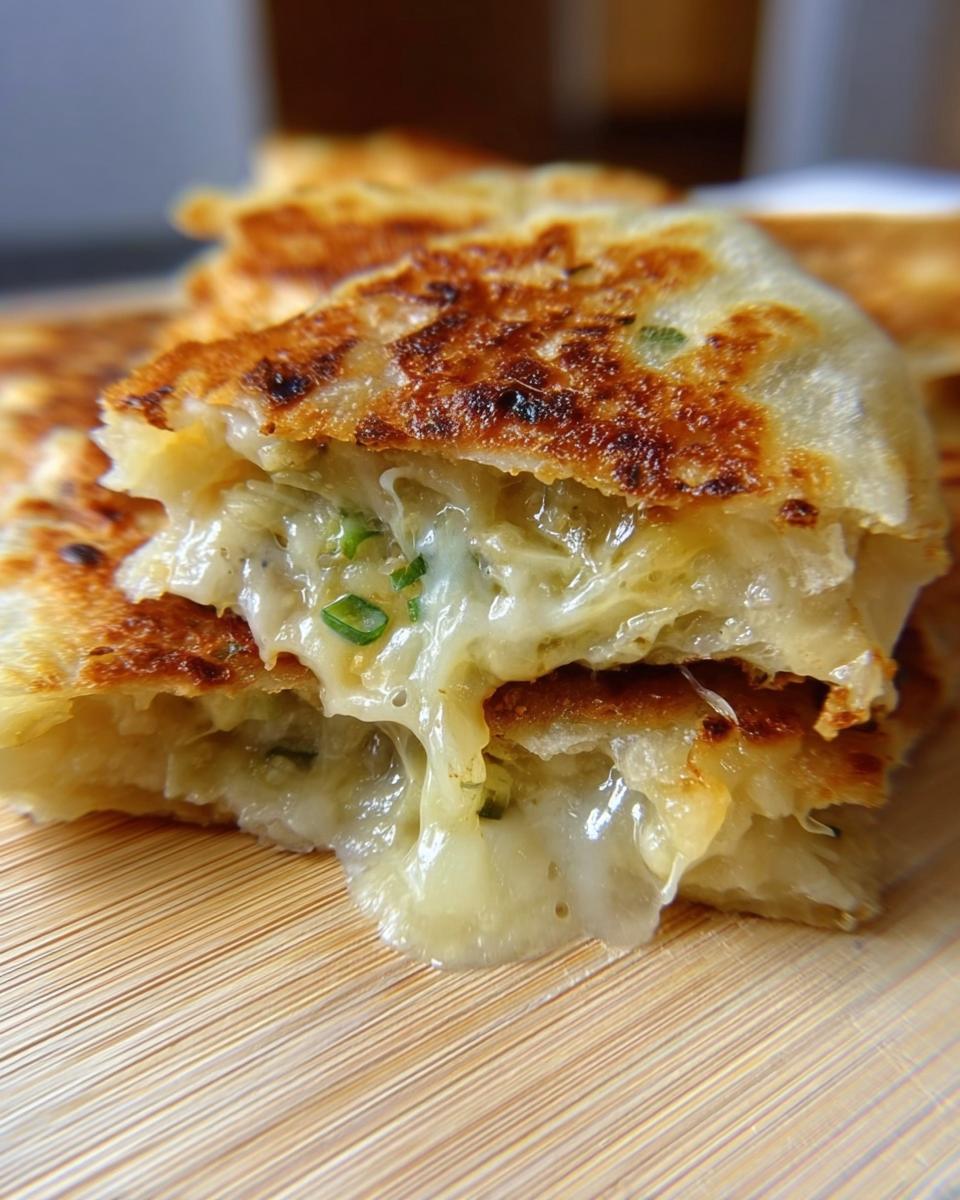 Close-up of flaky Scallion Pancakes Stuffed with Cheese showing melted cheese stretching between layers.