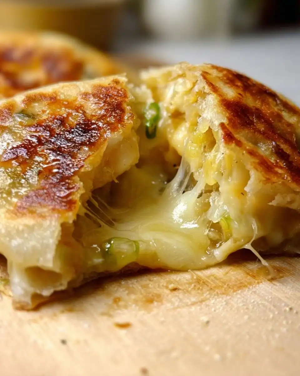 Close-up of a golden-brown Scallion Pancakes Stuffed with Cheese pulled apart, showing melted, stretchy cheese inside.