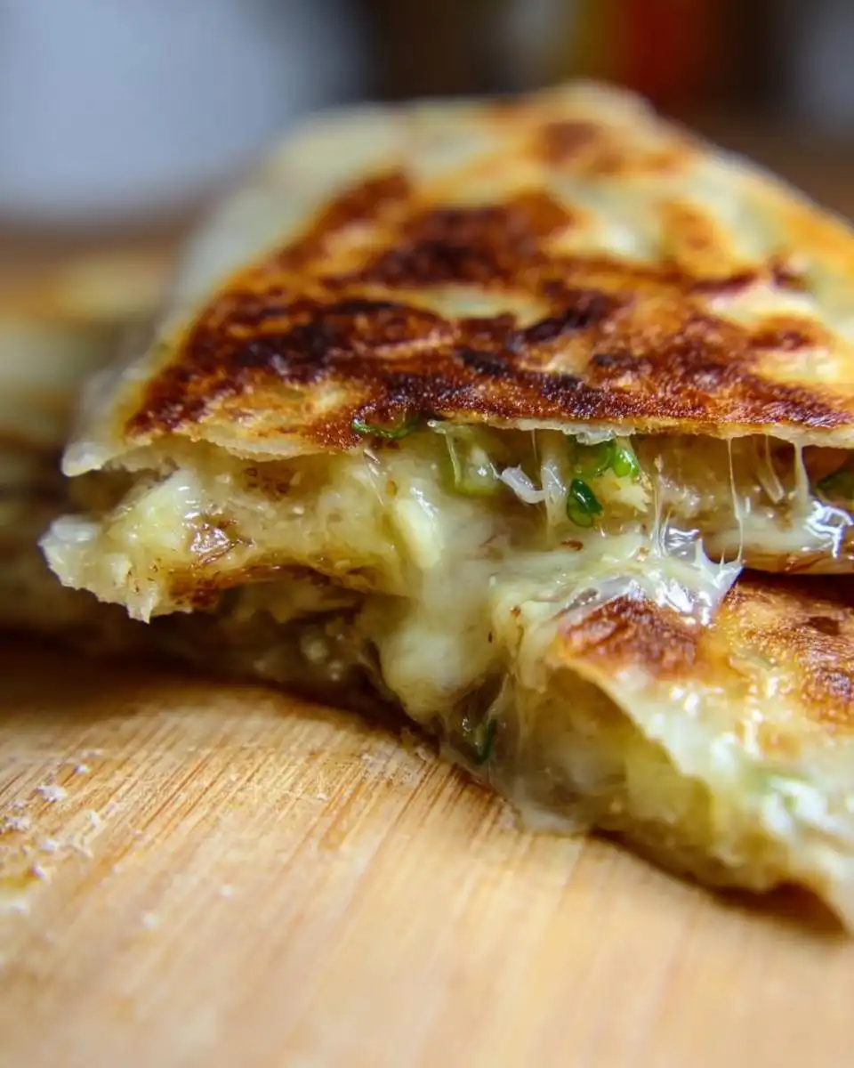 Close-up of a golden-brown Scallion Pancakes Stuffed with Cheese slice showing gooey, melted cheese stretching out.