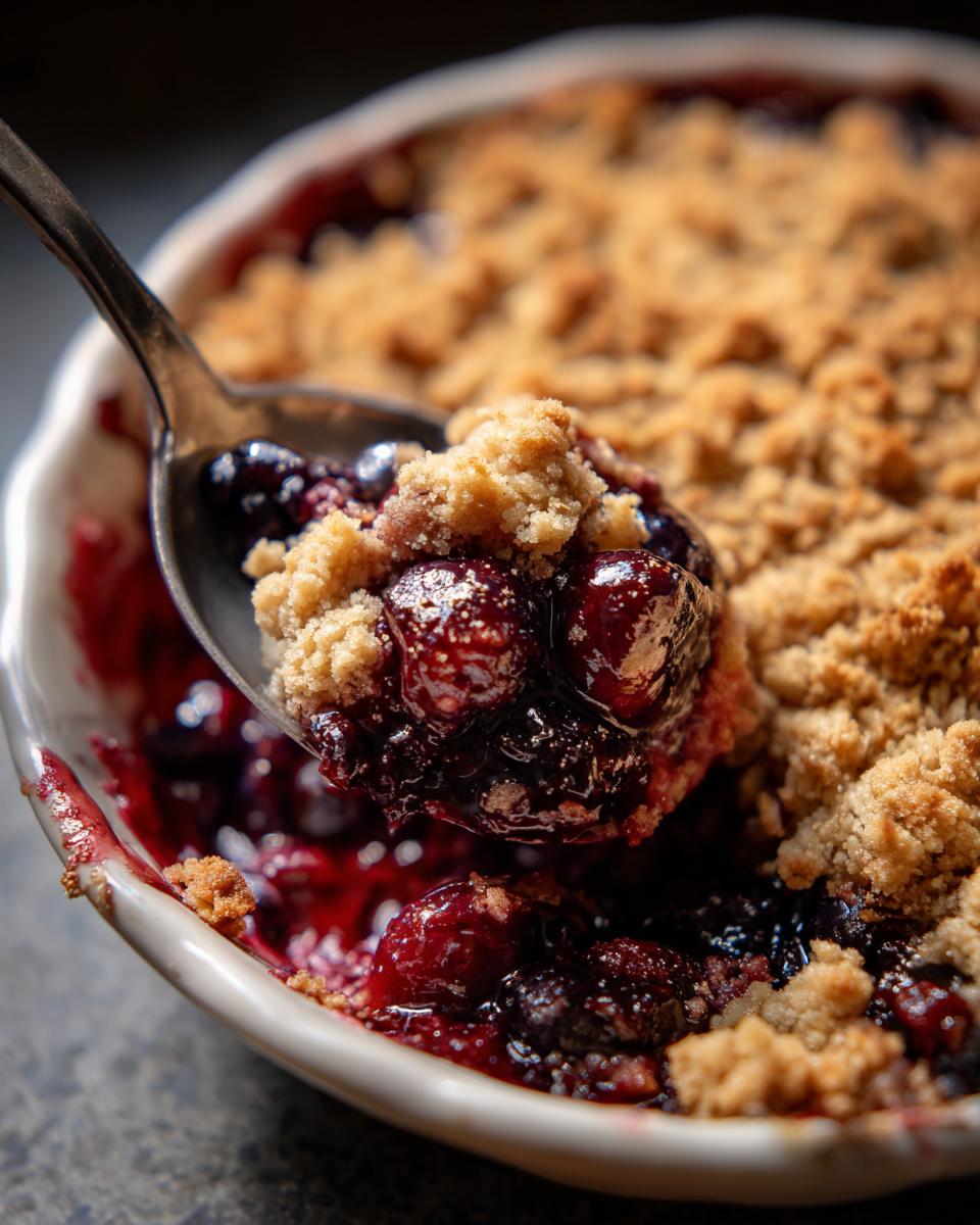 Close-up of a spoonful of warm Cherry Oat Crumble, showing juicy berries and crunchy topping.