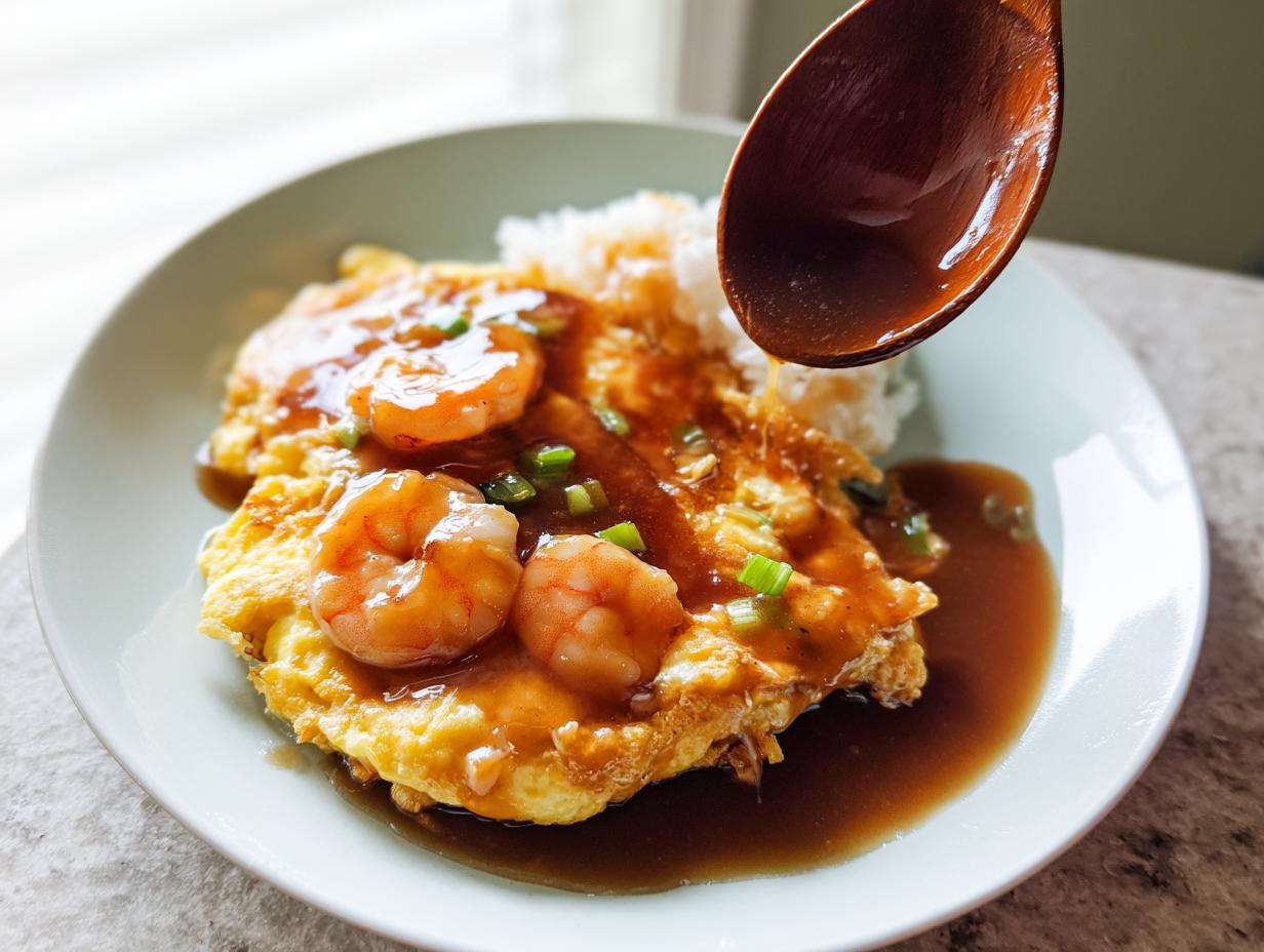 A wooden spoon pours light soy gravy over Shrimp Egg Foo Young served with white rice on a light blue plate.