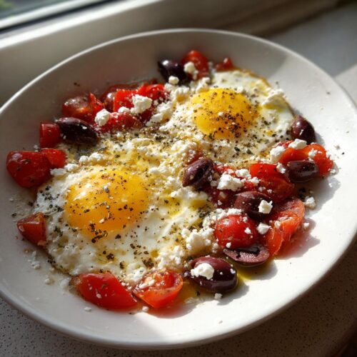 Two sunny-side-up Simple Breakfast Eggs with Mediterranean Flavors, topped with feta, olives, and tomatoes.